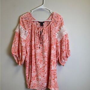 Robert Louis Coral Floral Blouse with Lace Accents